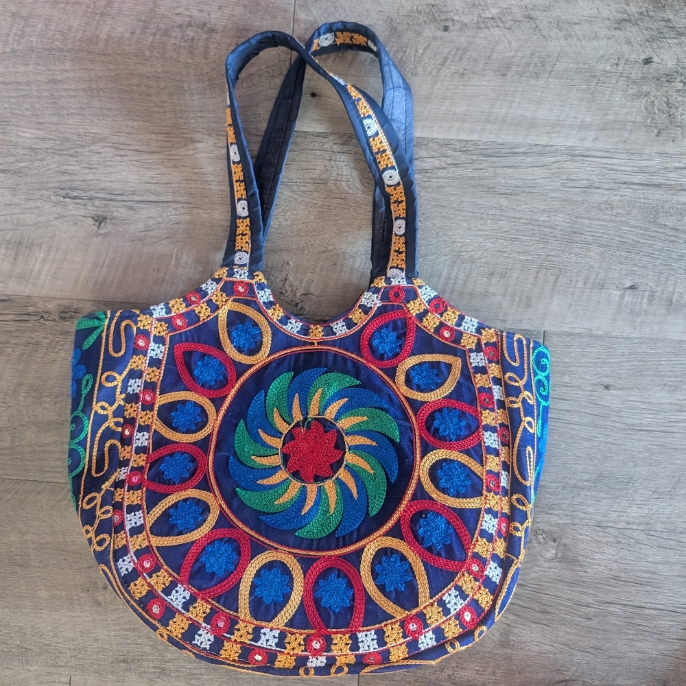 Handmade In India Colorful Embroidered Tote Bag
